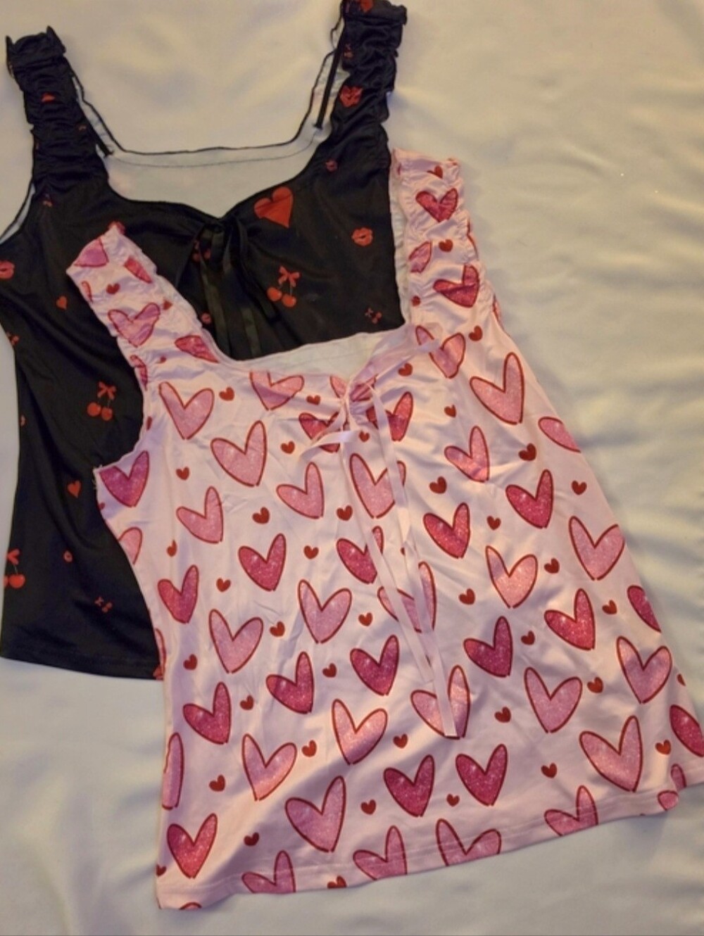 NEW Shein Bundle Tie Front Bow Pink Heart & Black Cherry / Heart Tops Size Large